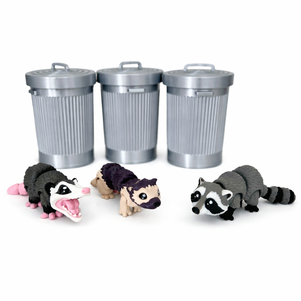 Adorable 3D Printed Trash Pets - Raccoon, Opossum, Ferret, Rat, Skunk
